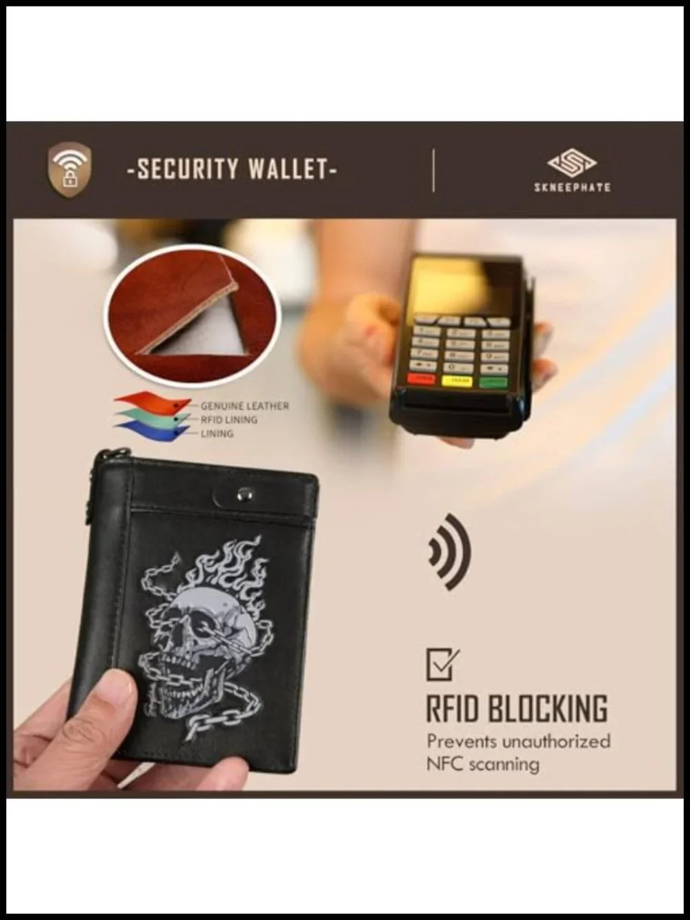 Mens Leather Bifold Wallet with Chain RFID Blocking Skull Design